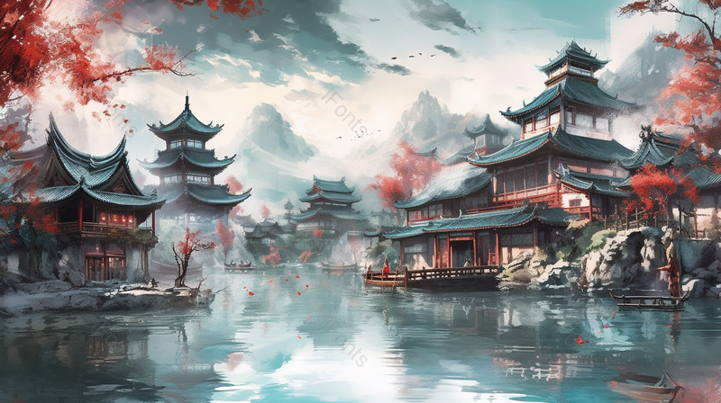 国潮风黄鹤楼地标建筑山水湖泊平静的水面插画,插画/手绘图,插画/手绘图库,插画/手绘图下载,插画/手绘